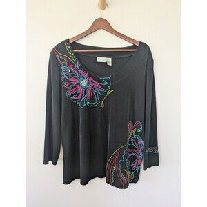 Chico's Travelers Black Embroidered Slinky Stretch Top Floral Artsy Beaded XL